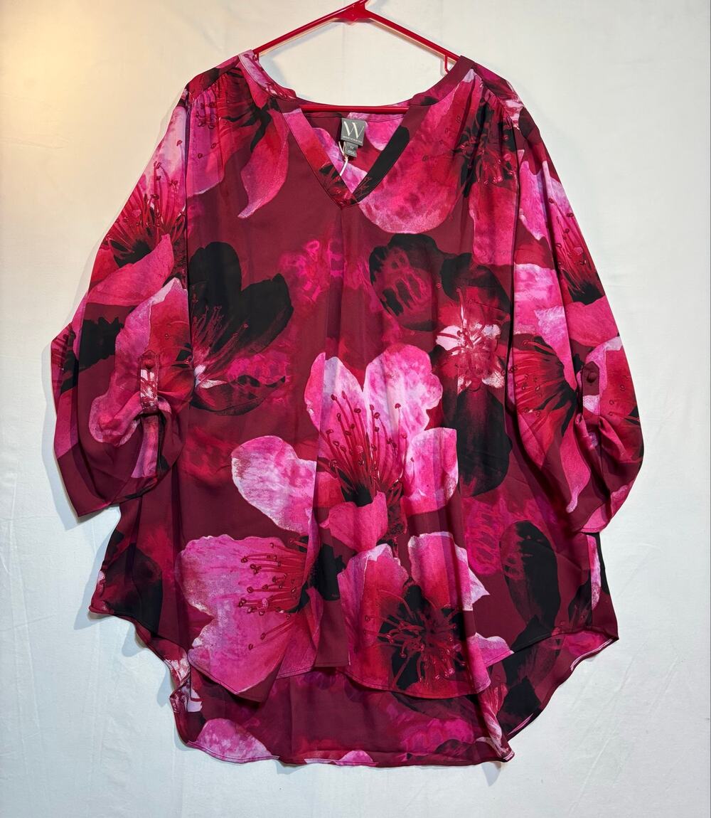 Worthington Women’s 3X Floral Chiffon Blouse V-Neck Pink Burgundy NWT